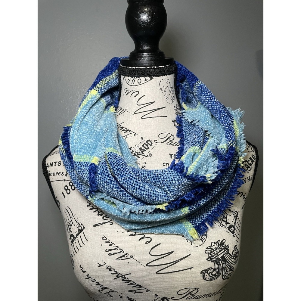 NEW Charter Club Chenille Blue Plaid Loop Infinity Scarf With Fringe, One Size